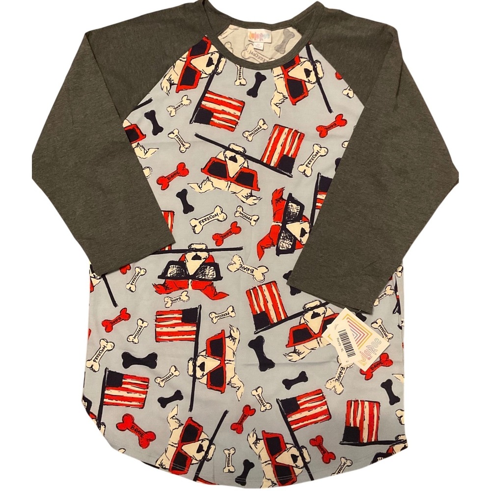 LuLaRoe Randy XL Raglan Shirt 4th of July Dog American Flag Baseball Tee UNICORN